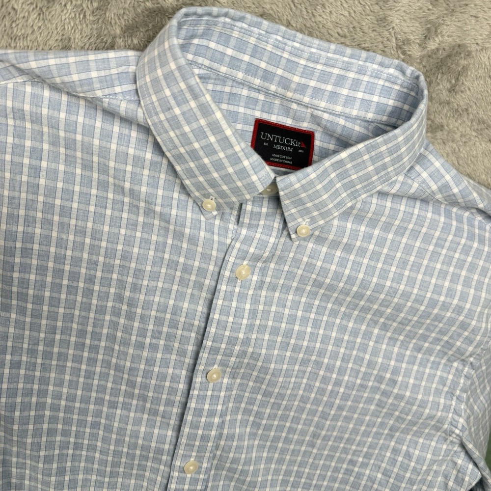 Untuckit Shirt Mens M Light Blue Plaid Cotton William Hill Regular Fit Button Up